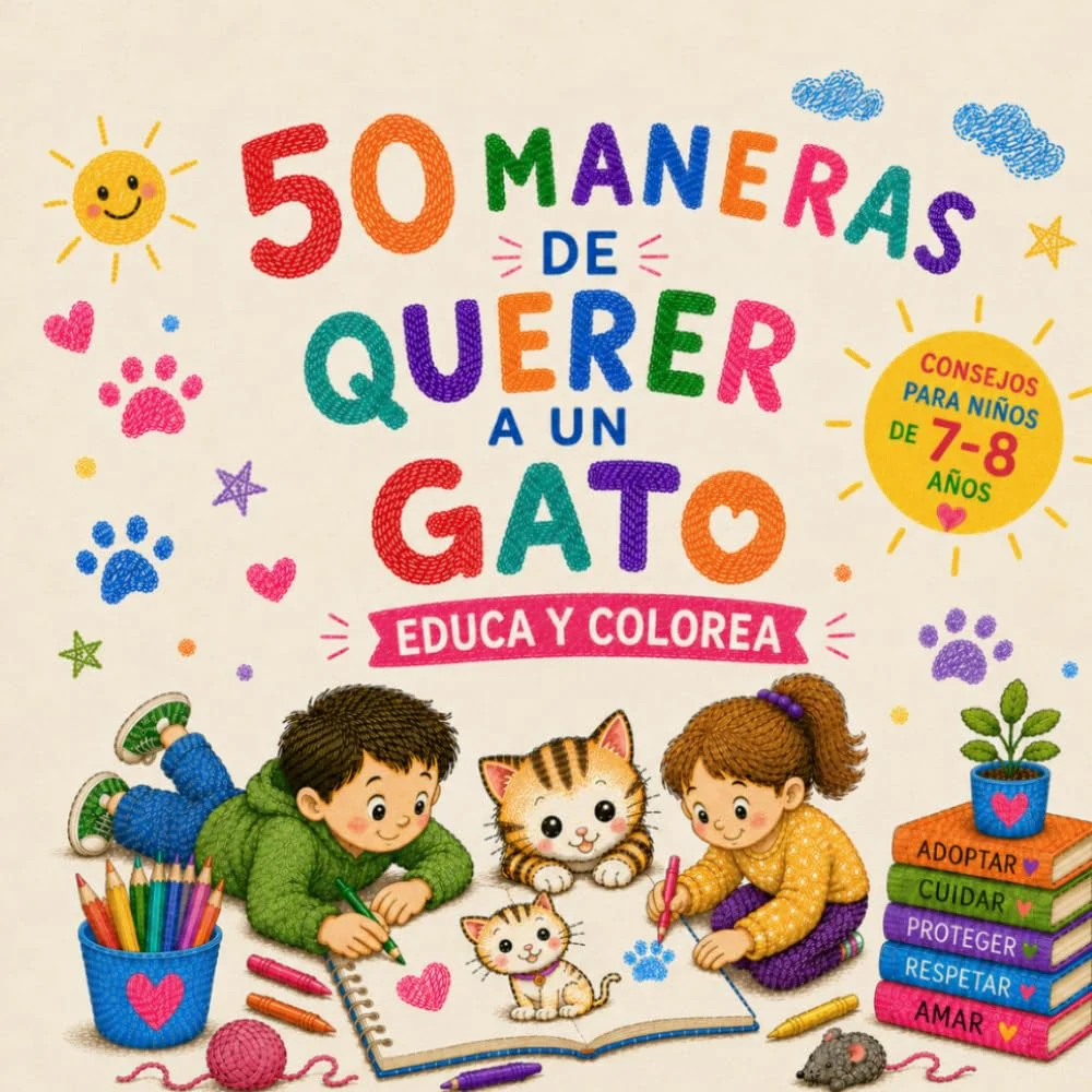 Portada de 50 maneras de querer a un gato, libro educativo y para colorear