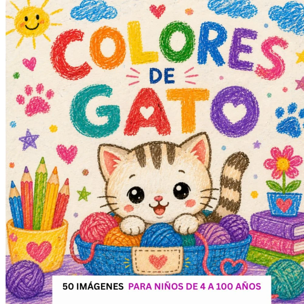 Portada de Colores de gato, libro con 50 imágenes para colorear